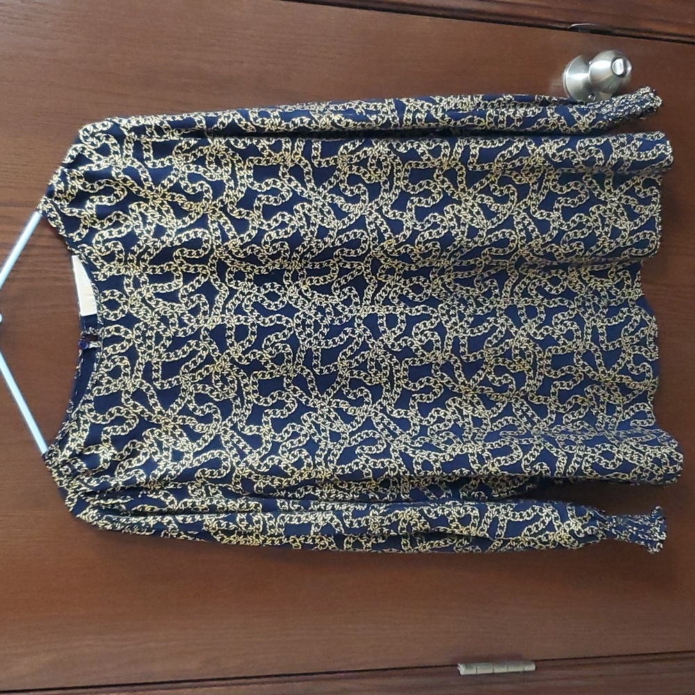 MICHAEL Michael Kors Navy and Gold Chain-Print Long Sleeve Blouse